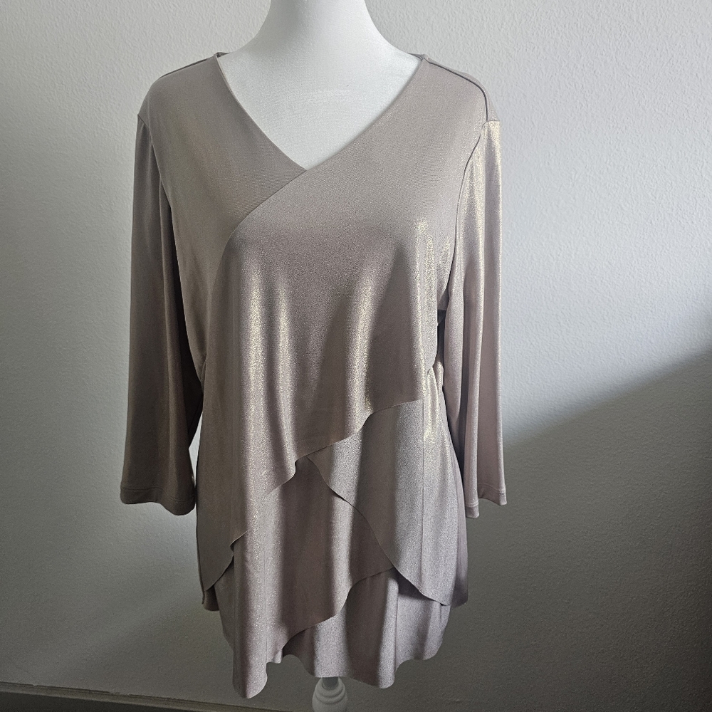 Chico's Travelers by Chico's Metallic Gold Asymmetrical Ruffle Blouse Large